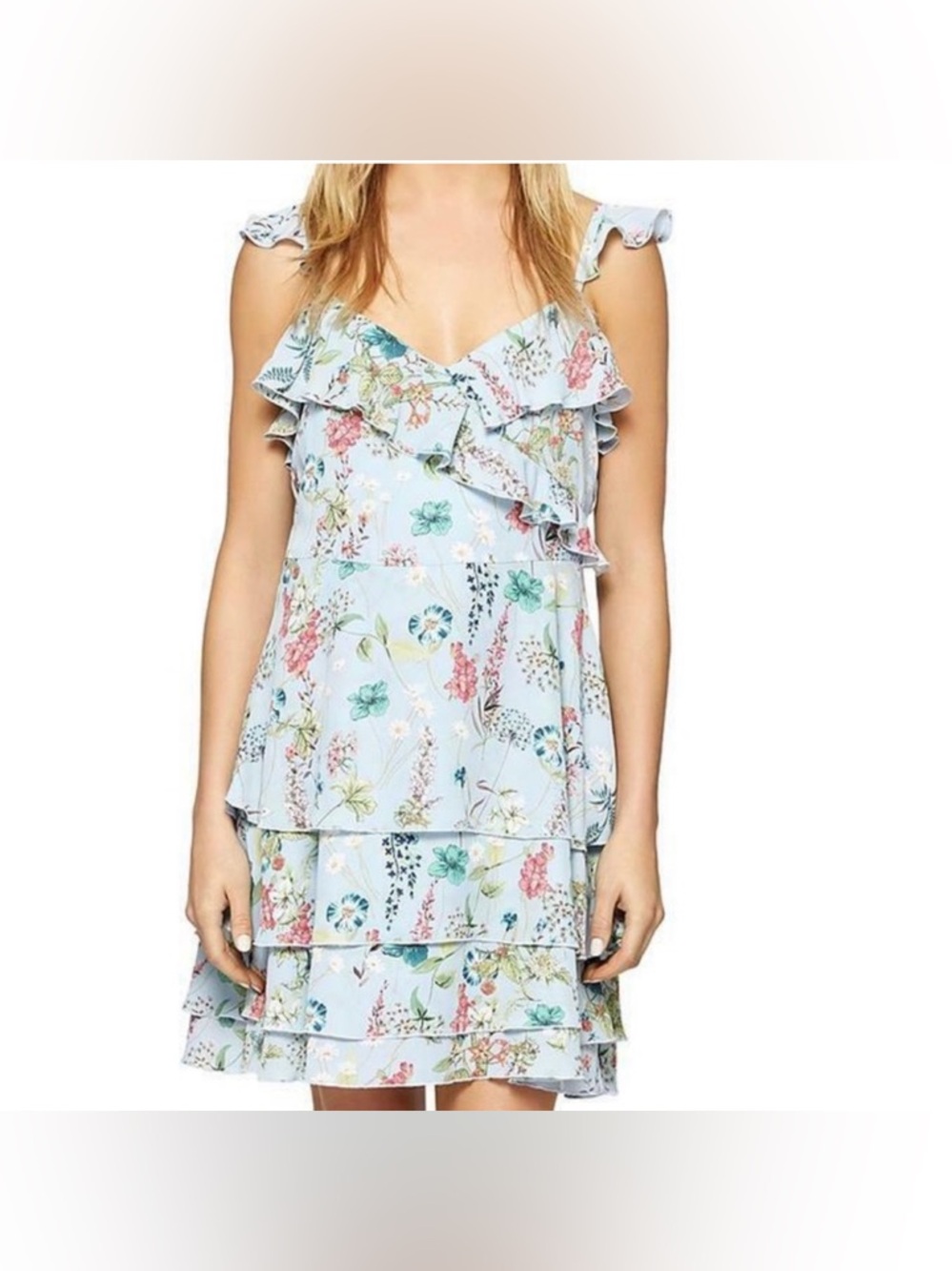 Sanctuary Light Blue Floral Ruffle Tiered Mini Dress Size S Romantic Cottage - Picture 15 of 15